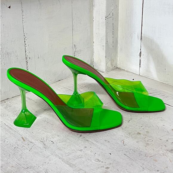 Amina Muaddi Lupita PVC Slip On Spool Heel Mules Sandal Fluo Green Women Size 40 - Picture 5 of 6